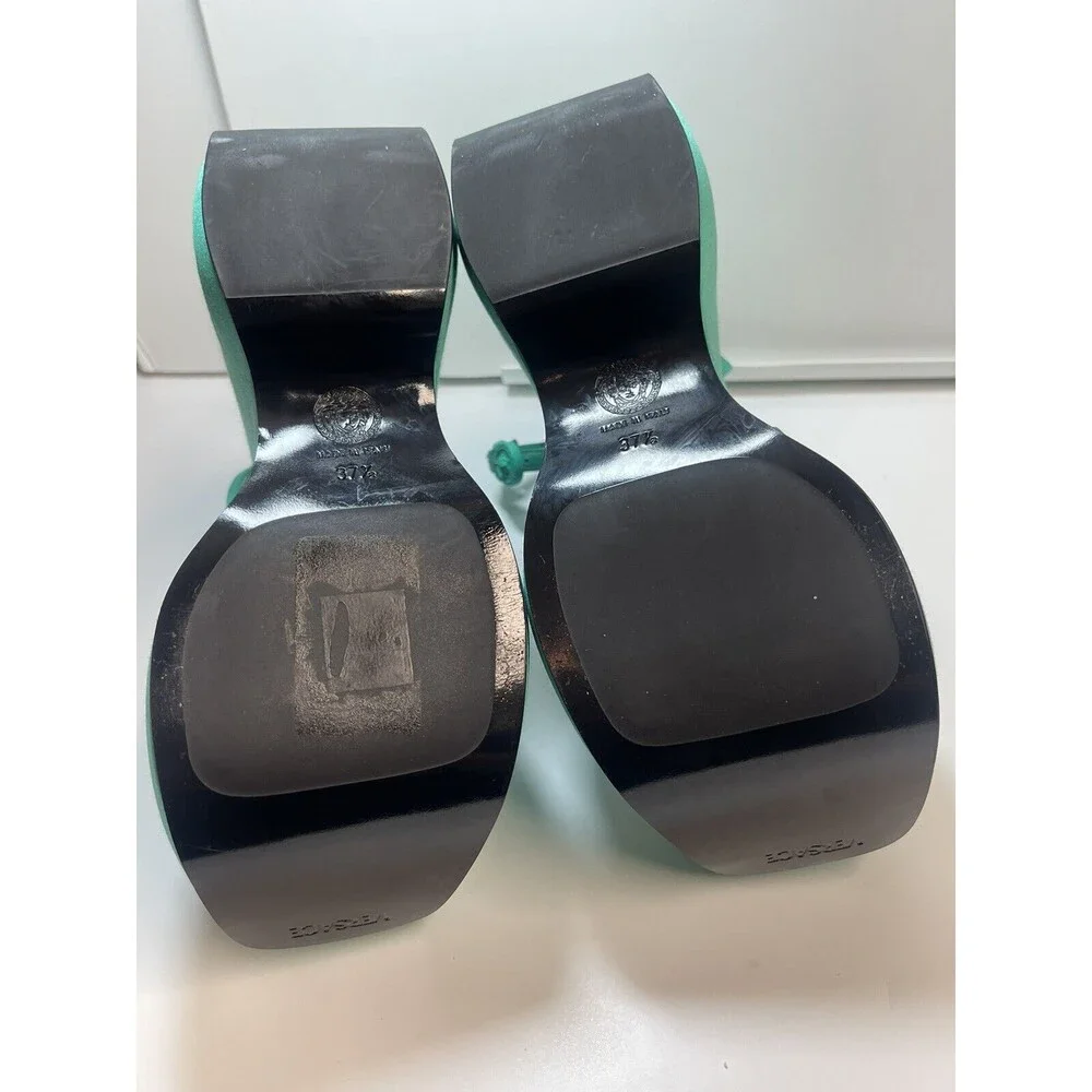 Versace Satin Three Strap Platform Wedge Sandal Heels In Emerald Green Sz 37 1/2